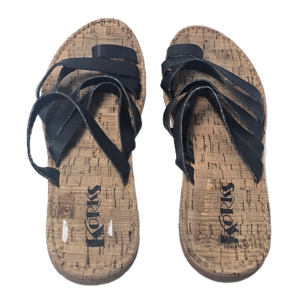 Korks Clemons Black Cork Footbed Strappy Toe Loop Sandal Womens Size 6 CasualDay